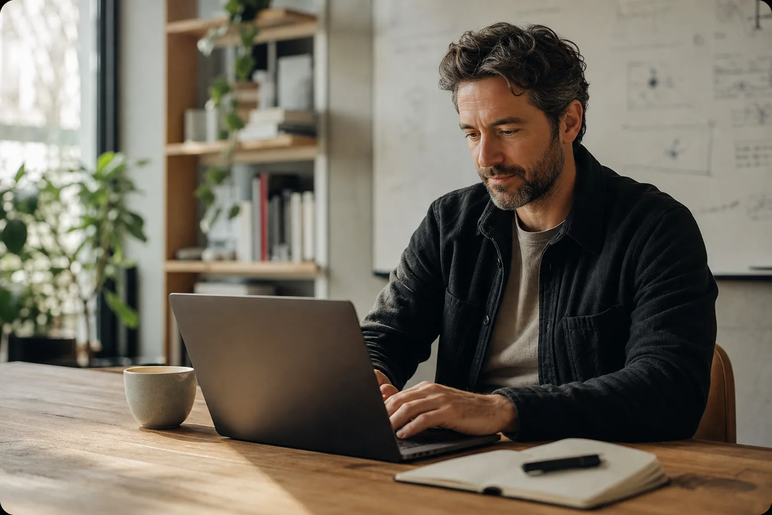 A person working at a laptop in a quiet workspace